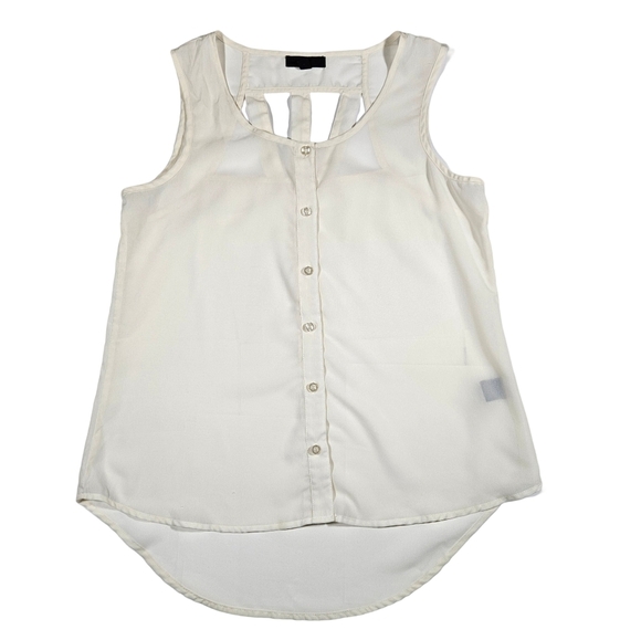 Mint Sleevless Scoop Neck Sheer Button Down Blouse, Ivory, Large - Picture 6 of 9